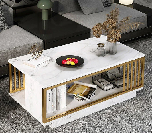 Modern White & Gold Coffee Table with Open Shelf – Living Room Furniture