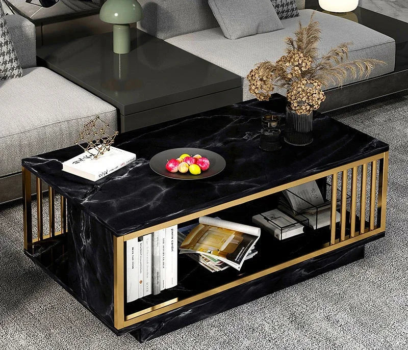 Modern White & Gold Coffee Table with Open Shelf – Living Room Furniture