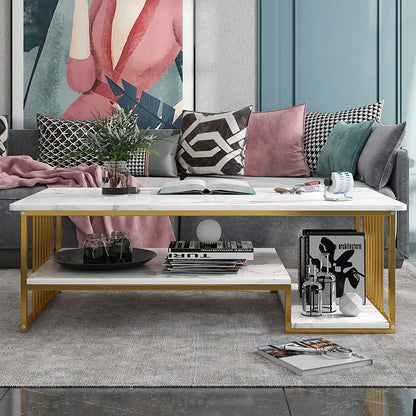 Modern White & Gold Coffee Table with Open Shelf – Living Room Furniture