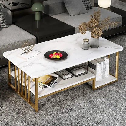 Modern White & Gold Coffee Table with Open Shelf – Living Room Furniture